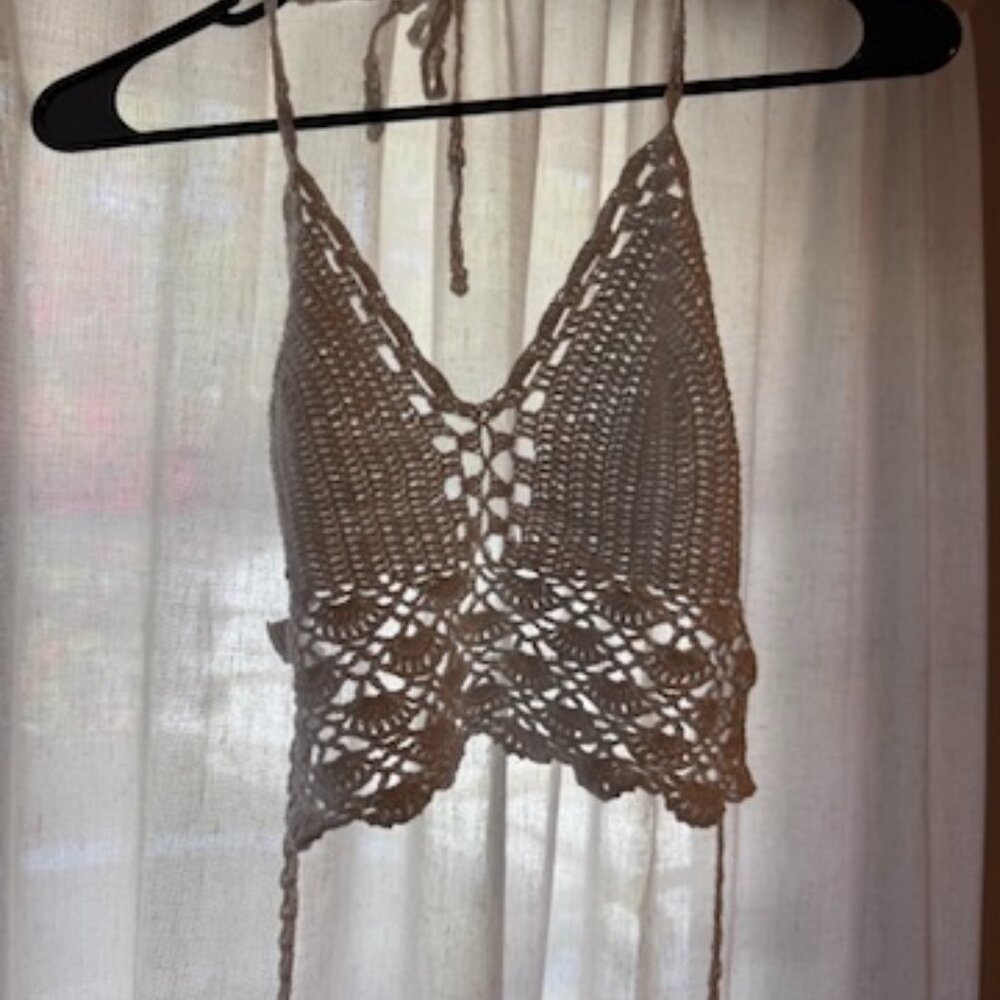 Beige Crochet Halter Crop Top – One Size (Adjustable)